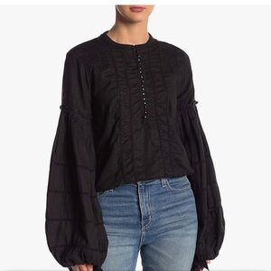 Free People Womens High Swells Linen Crop Peasant Top Black size M